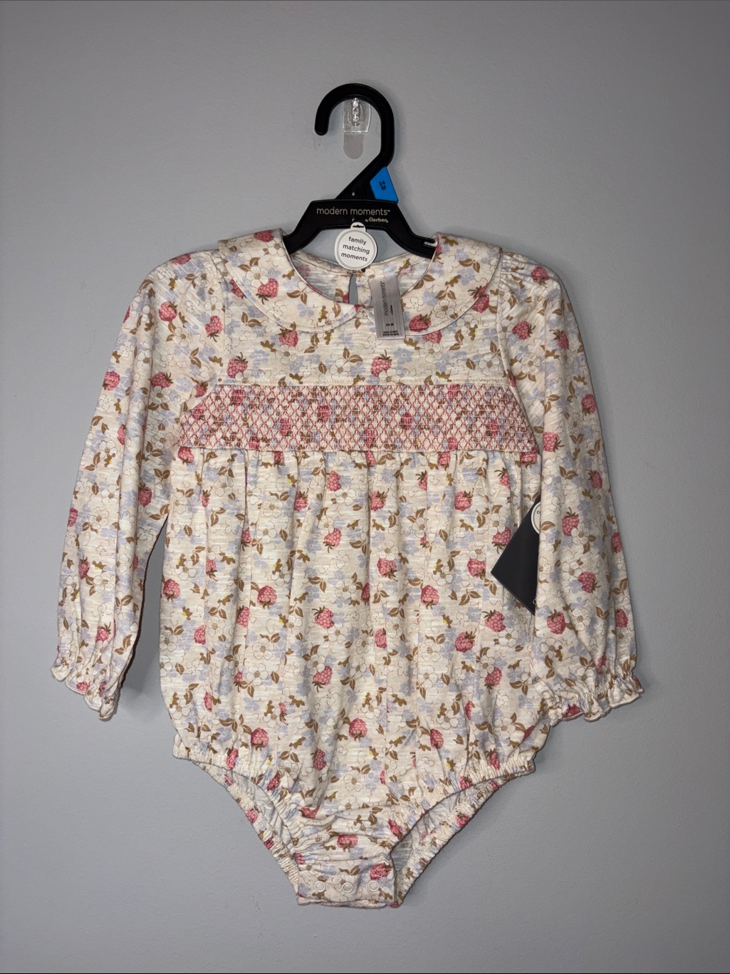 Modern Moments Toddler Floral Smocked One-Piece Bodysuit - Pink & Cream 24 Mo